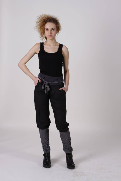 Spodnie damskie Alladynki lniane , luźne spodnie czarne damskie, ściągacz w pasie