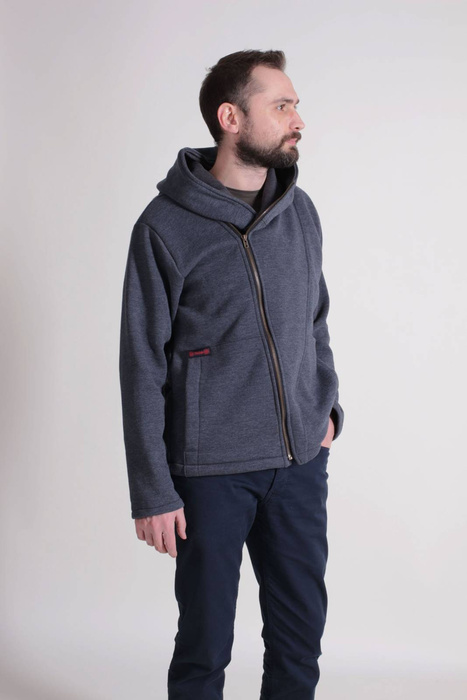 Bluza męska szara na zamek, kangurek męski z dużym kapturem, cyber kaptur, bluza męska krótka