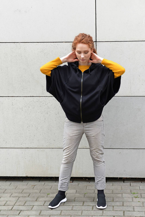 Bluza ponczo, czarna peleryna, bluza z kapturem, damska czarna oversize
