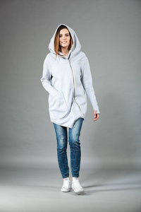 Bluza asymetryczna długa na zamek, bluza damska, płaszcz bawełniany szary